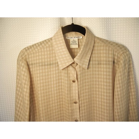 Checked S blouse sheer metallic threads 90's long sleeve polyester Shell Kepler - Picture 2 of 6